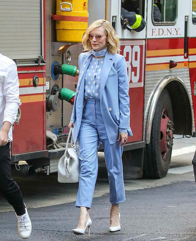 The actress stepped out in New York ahead of Ocean's 8 release in a baby blue look with polka dots.

Photo: Pinterest