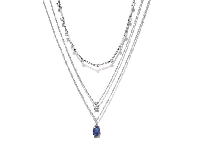 From top: Sterling silver Sparkling Pavé Collier Bars necklace, $279; Sparkling Collier Round & Square pendant necklace, $149; Sparkling Statement
Halo pendant necklace with a princess blue crystal, $159. (Photos: PANDORA)