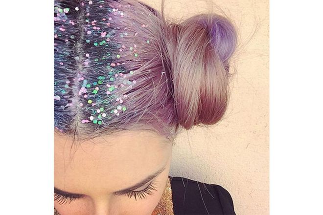 The cheeriest way to divert attention away from the fact that you skipped your last few color appointments was with glitter sprinkled generously along the scalp. ; Photo: Instagram