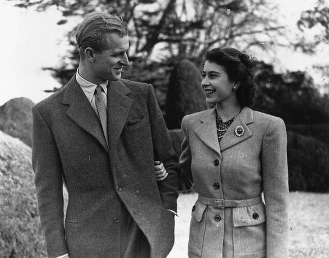 Prince Philip, otherwise known as the Duke of Edinburgh, and Queen Elizabeth during their honeymoon in Broadlands, Romsey, Hampshire. The newlyweds were just 21 (Elizabeth) and 26 (Philip).