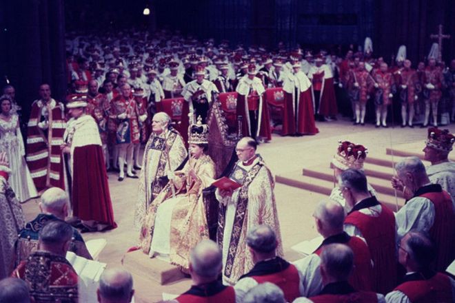 Queen Elizabeth at her coronation ceremony in Westminster Abbey, London, June 1953.