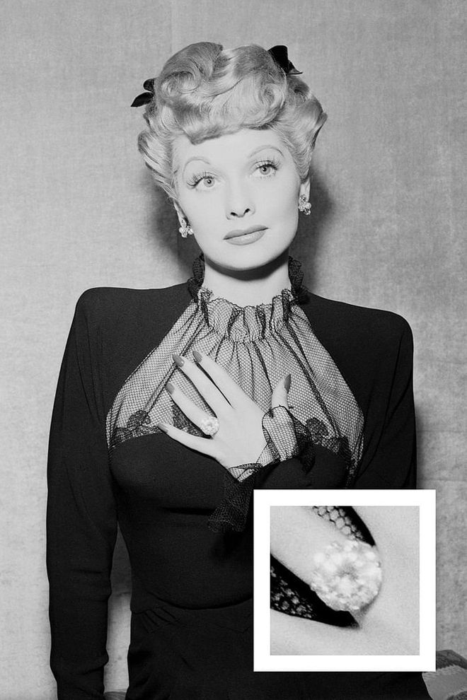 Ball received a brass ring from Desi Arnaz when they eloped, but he later upgraded the actress's engagement ring to a large cushion-cut diamond and platinum ring.

Photo: Getty 