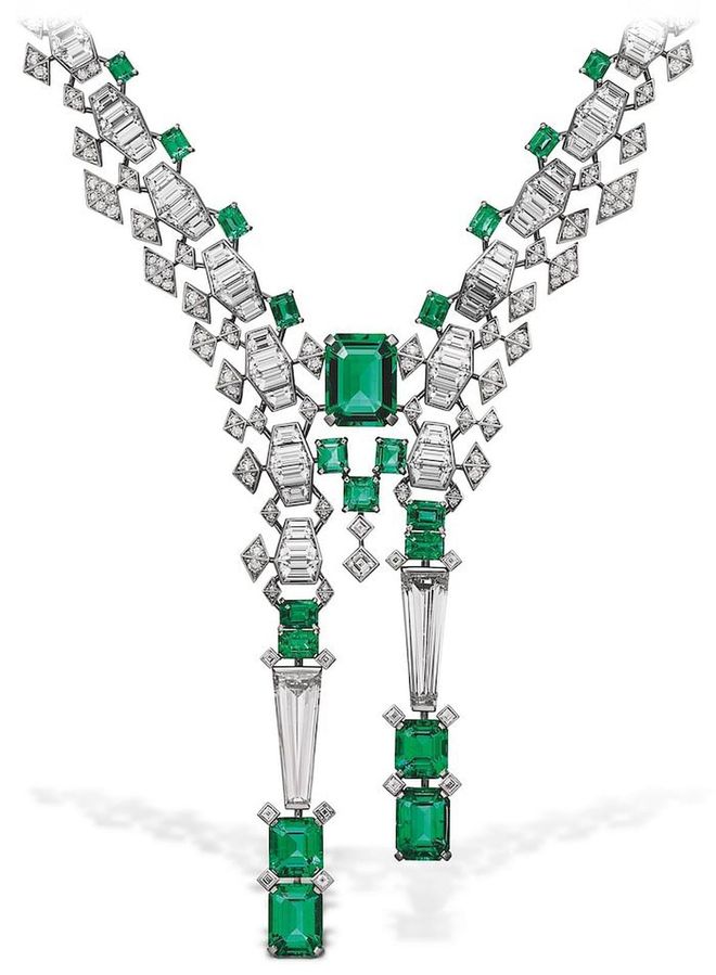 [SUR]naturel platinum, Zambia emerald and diamond Gharial necklace. (Photo: Cartier)