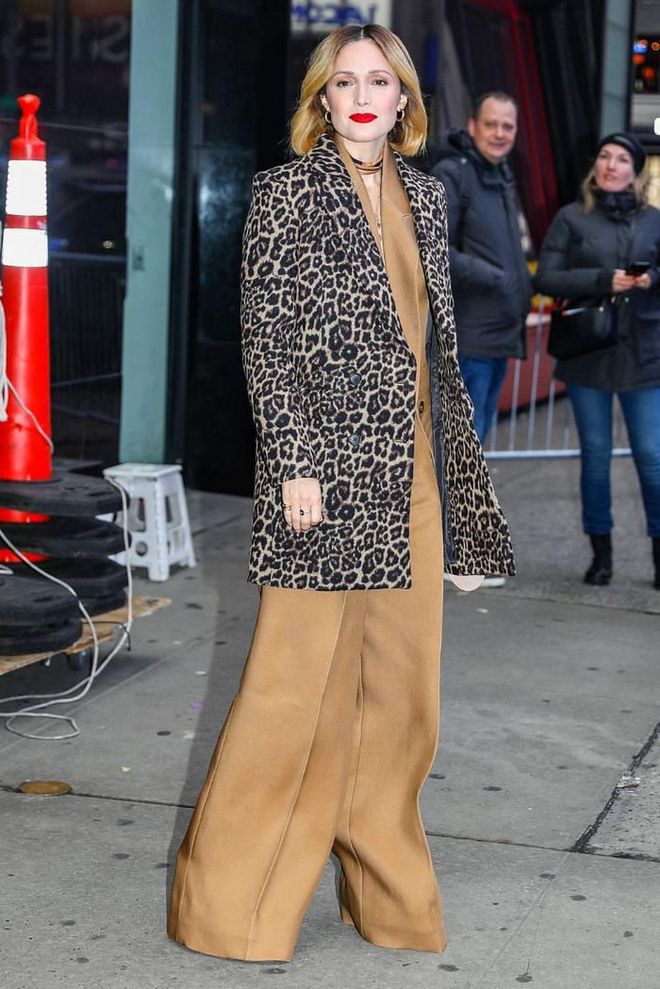 Rose Bryne added a bold leopard print coat to her beige ensemble in New York.

Photo: Getty