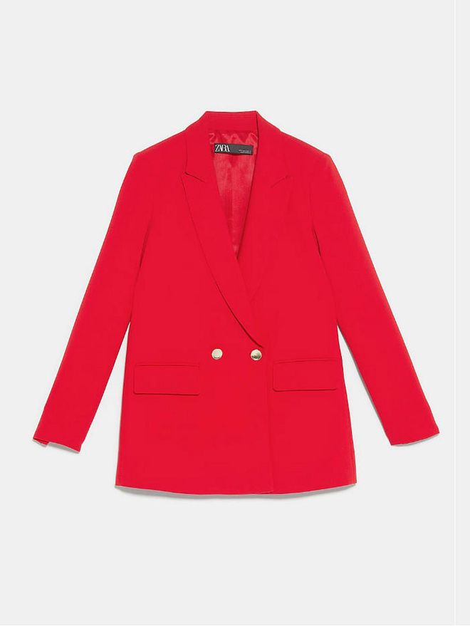 Command attention in the meeting room and at the bar by pairing this flaming red Zara blazer with sleek cigarette pants and black stilettos. Keep your accessories to a minimum.

