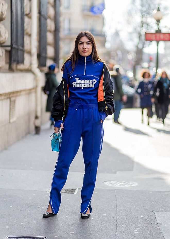 PARIS, FRANCE - March 07:  Patricia Manfield is wearing a blue sweat suit and black bomber jacket outside Hermes during the Paris Fashion Week Womenswear Fall/Winter 2016/2017 on March 7, 2016 in Paris, France.  (Photo by Christian Vierig/Getty Images)
