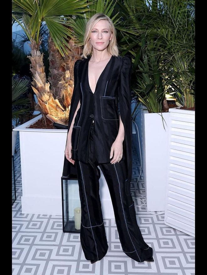 Blanchett sported a Loewe cape-blazer pantsuit at the Chanel and Vanity Fair dinner.

Photo: Pinterest