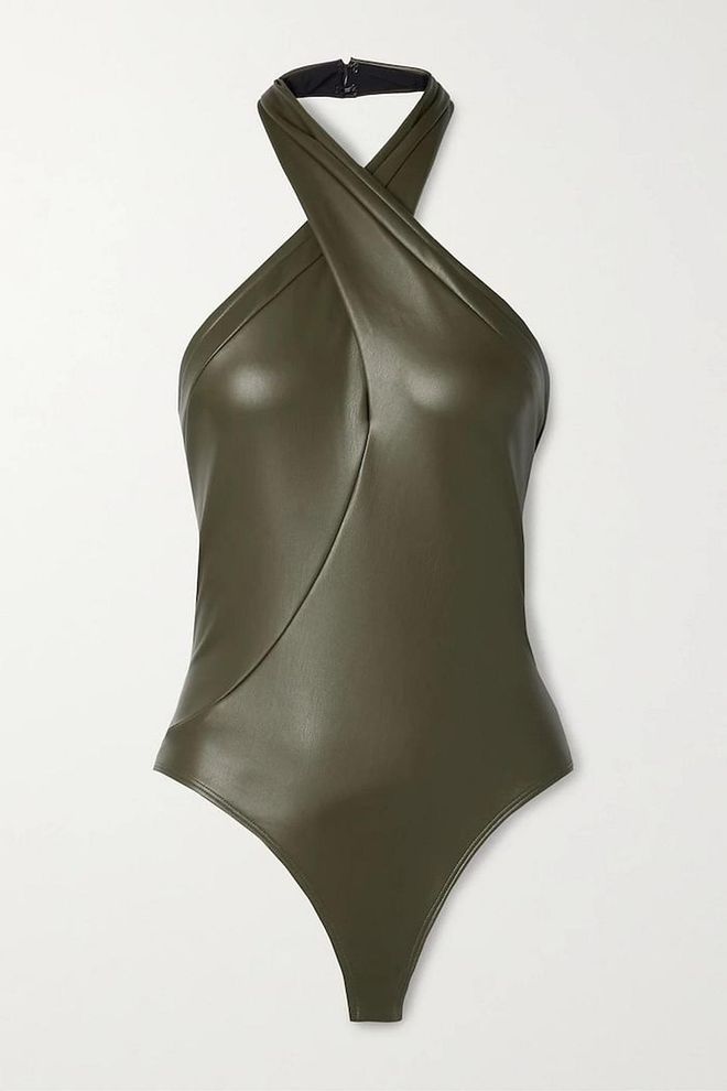 Oliver Faux Leather Halterneck Thong Bodysuit, $284, Alix NYC at Net-a-Porter

