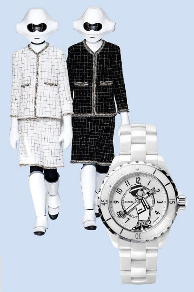 Chanel found inspiration in computers and modern technology for spring/summer '17 (even sending out a few models resembling futuristic robots), and its J12 watches totally fit the bill. The watch features the likeness of Coco herself, turned robotic and functional: Her hands point out the hours and minutes.

Mademoiselle J12, $7,200, chanel.com