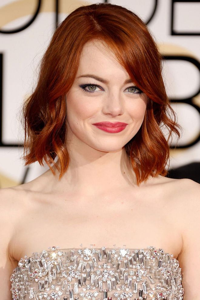 Emma Stone wearing the lob haircut a million women took to their stylists the day after the Golden Globes in early 2015.
