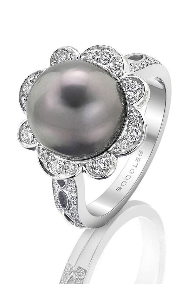 This Boodles Tahitian Pearl ring is feminine and fun, set in platinum and surrounded by brilliant-cut diamonds. Boodles Tahitian Pearl Ring, S$6,732