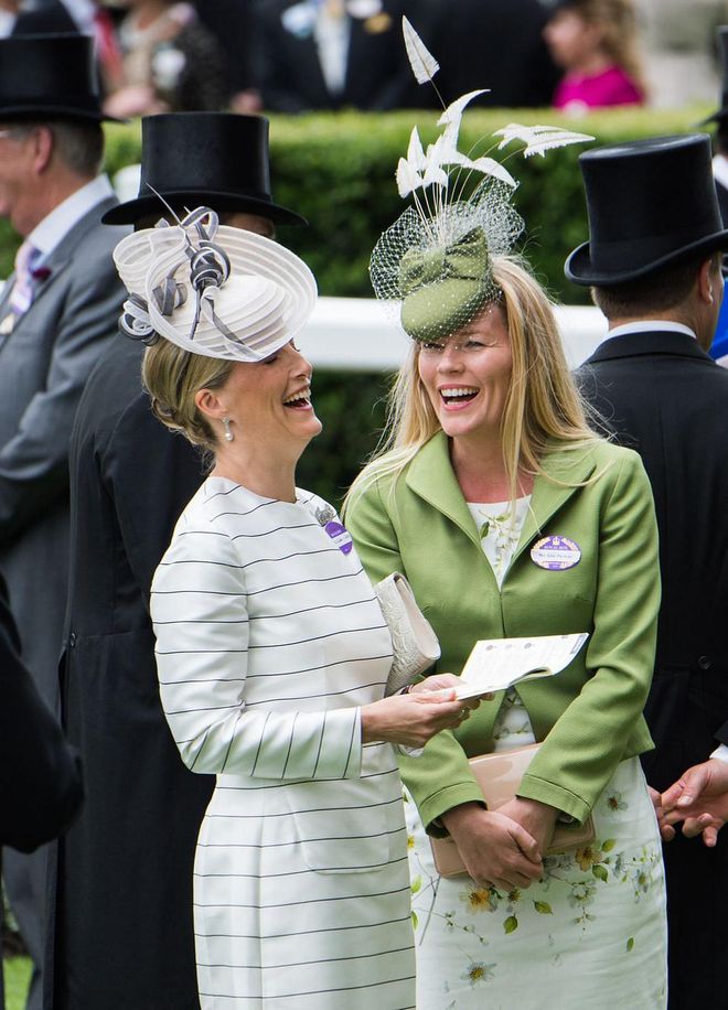 Here, Sophie shares a laugh with Autumn Phillips at the Royal Ascot. As is required at the annual horse-racing event, she paired her striped dress with a stylish topper.
Photo: Getty