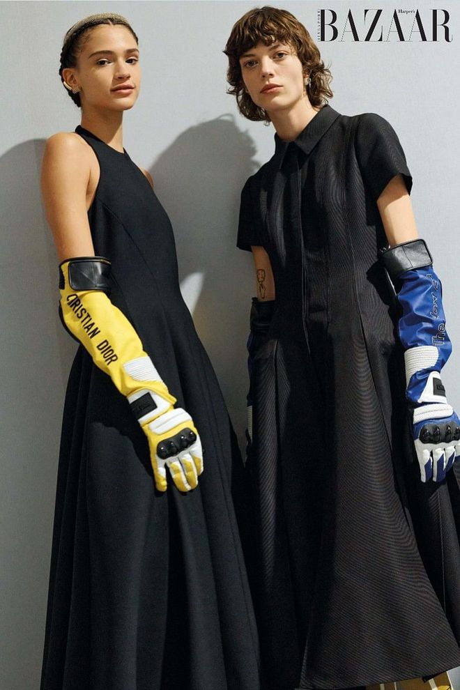 (LEFT) Double-face light virgin wool dress; leather The Next Era D-Air Lab long gloves; gold finished metal and resin pearl D Renaissance tiara; (RIGHT) dry wool and silk ottoman dress; leather The Next Era D-Air Lab long gloves, Dior