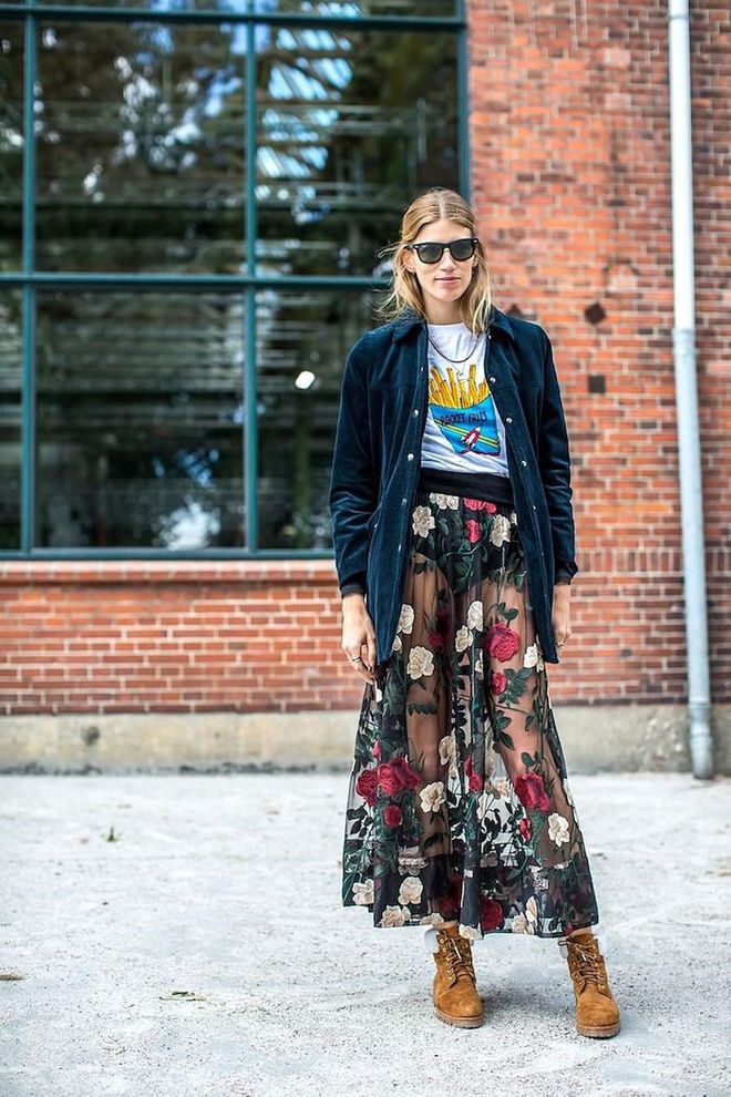 Dare to try the sheer skirt trend by layering a bodysuit or one-piece bathing suit underneath. Balance out the top with a light jacket or long sleeves.

Photo: Diego Zuko