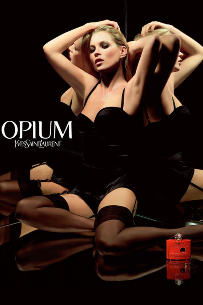 YSL's Opium is one of the world's sexiest scents. So why not throw Kate Moss into some lingerie for the imagery? It certainly gets the message across.