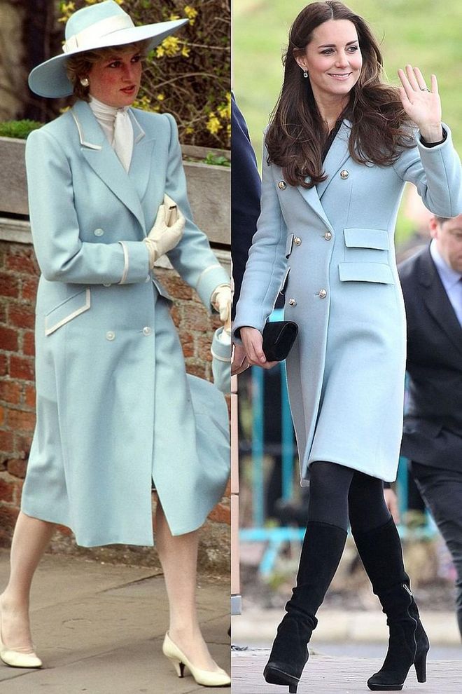 Diana in Catherine Walker at Easter services in April 1987; Kate wears a Matthew Williamson coat while visiting Pembroke Refinery in Pembroke, Wales in November 2014.