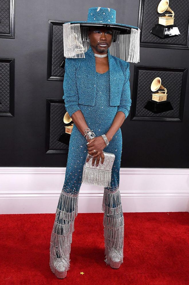 A round-up of the most talked-about Grammys looks would not be complete without Billy Porter's meme-making moment, The Pose star wore a bedazzled blue ensemble by Baja East, complete with a lampshade hat, which had the ability to open and close. Photo: Getty