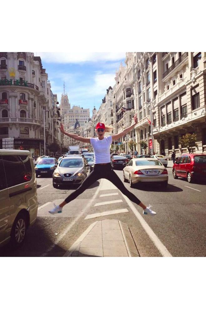 The model shares a jumping Instagram while vacationing in Madrid, Spain. Photo: Instagram