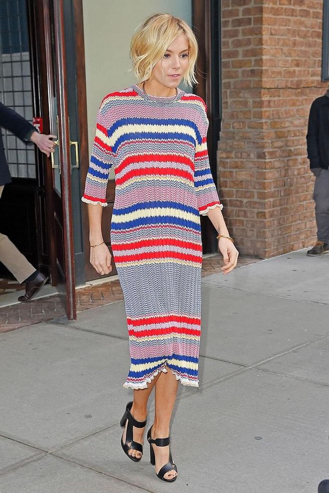 The underrated knitted dress can be one of the most useful pieces in a winter wardrobe. Great for those days when you really just want to be under the duvet but are forced to brace the cold and, as proven by Sienna Miller, they have the potential to look incredibly chic. 