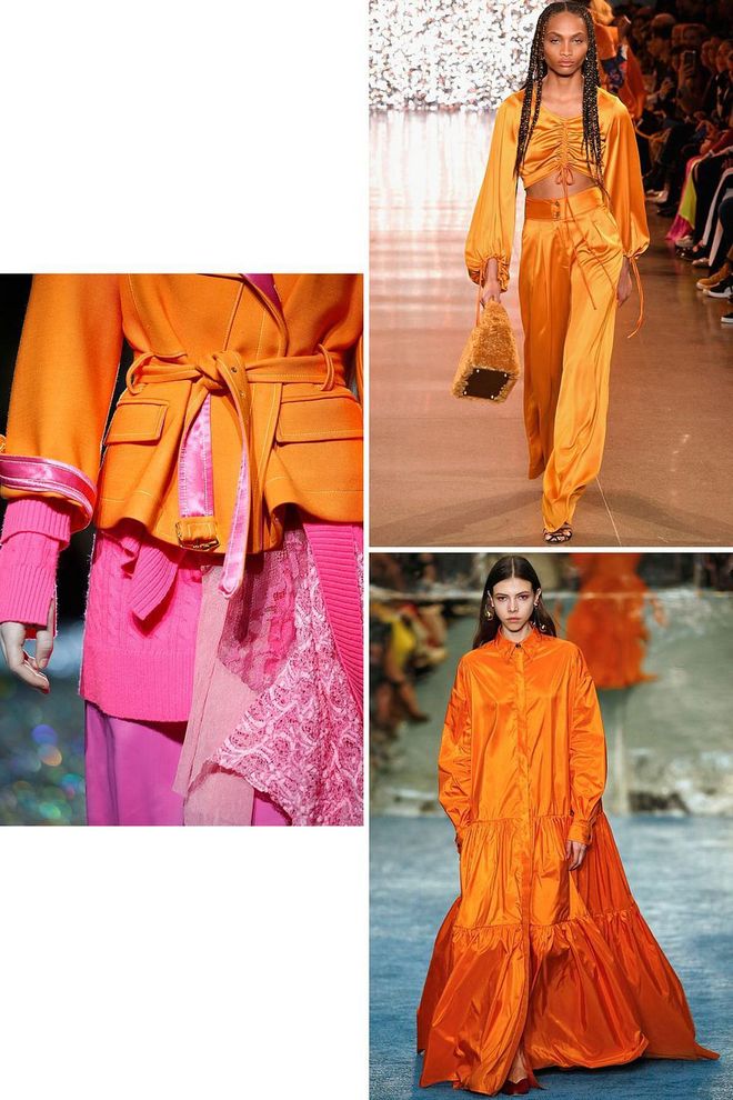 The great Elle Woods once declared that anyone who said orange was the new pink was "seriously disturbed." But contrary to her passionate hot take, there's room for both orange and pink this season. Brands like Carolina Herrera and Staud sent head-to-toe orange looks down the runway, proving the color is better when bolder. And Sies Marjan paired the bright hue with an equally bright pink, bringing forth the ultimate unexpected fall color palette.

Clockwise from left: Sies Marjan, Staud, Carolina Herrera. Photo: Getty