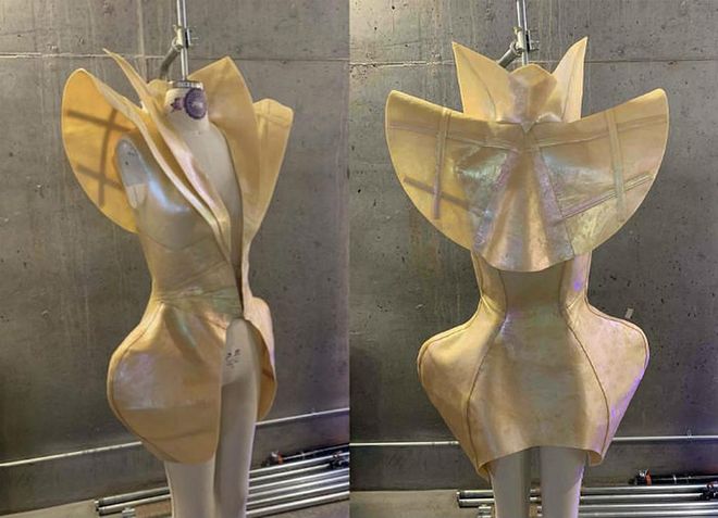 A closer look at Lady Gaga's custom outfit, which was designed by Vex, highlights the bodysuit's jaw-dropping iridescent sheen, with its collar creating the illusion of wings.

Of creating the custom Vegas look, Vex's Laura Petrielli-Pulice told BAZAAR.com, "I have had the pleasure of designing for Gaga for her last few tours and and it's always amazing to see something you made being enjoyed by so many people. Gaga and the Haus of Gaga team all have a lot of input. I had the pleasure of working alongside all of them this time around to make sure everything was perfect."

Petrielli-Pulice also revealed that "being able to catch the finale dress rehearsal was the most awesome experience! Watching Lady Gaga onstage with only a handful of people in the room would be any designer’s dream come true."