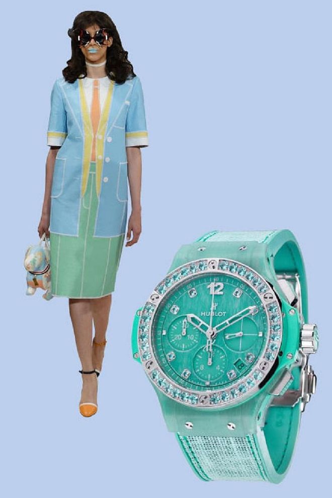 For spring, designer Thom Browne channeled poolside glamour with trompe l'oeil effects for a majorly whimsical collection. Similar in spirit, Hublot summer-ready pieces combine linen and resin with matching blue topaz stones on the dial and bezel.

Big Bang Turquoise Linen, $15,700, hublot.com