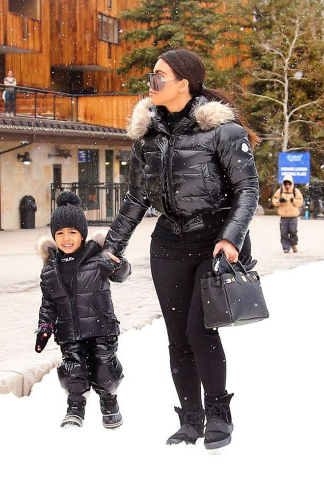 While on the Kardashian family vacation, North and Kim hit the slopes in matching ski coats. The toddler styled hers with a custom Heron Preston turtleneck, black beanie and pink beaded bracelet and although Kardashian accessorized hers with a Birkin bag, North still wins this round of 'who wore it better?' because, duh. Photo: Splash 