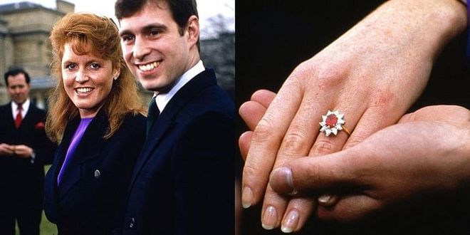 Prince Andrew gave Fergie a Burmese ruby ring he helped design from royal favourite House of Garrard—which is said to have been picked thanks to the fact that it matched her hair. Photo: Getty 