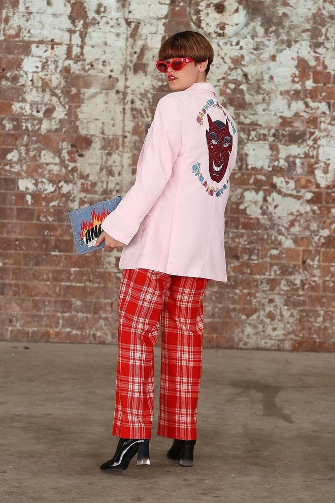 Millie Sykes wearing Laurel and Hector blazer, Reuze tartan pants, Poppy Lissiman accessories. Photo: Getty 