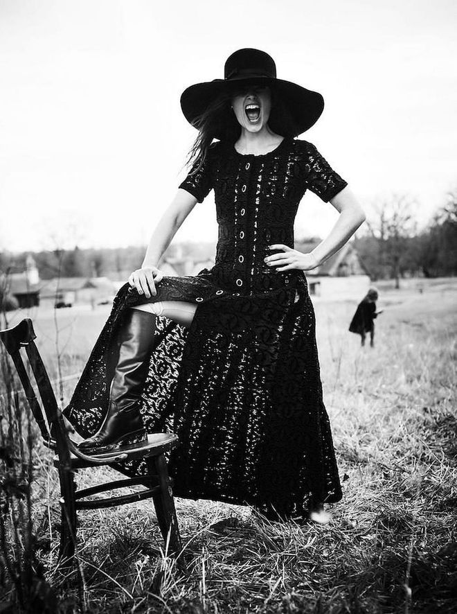 Embellished velvet dress, from a, jersey leggings, matching top (worn underneath), hat, calf-skin boots all Chanel. White gold and diamond earrings, from a selection, Chanel Fine Jewellery. (Photo: Boo George for Harper's BAZAAR)