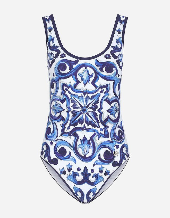 Majolica-Print Racing Swimsuit, $830, Dolce&Gabbana