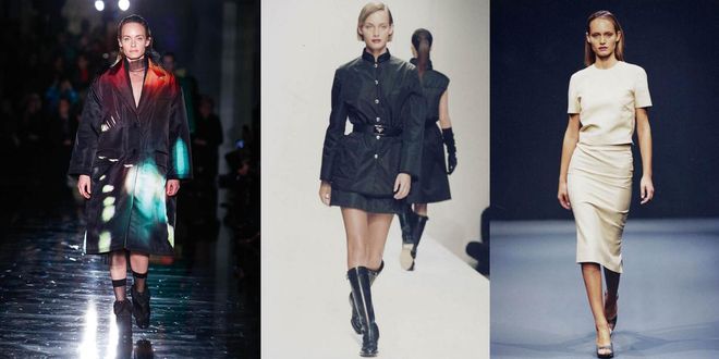 The supermodel was a favourite of the House in the '90s, appearing on the runway (including for fall/winter 1994, centre; and fall/winter 1998, right) and in their campaigns. She returned to the Italian label's runway this season (left), in a coat that reflected the show's theme, "Nocturne". 