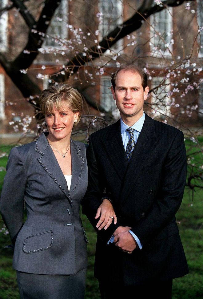 Sophie Rhys-Jones chose a rather conservative gray suit for the day she and Prince Edward announced their engagement.
Photo: Getty