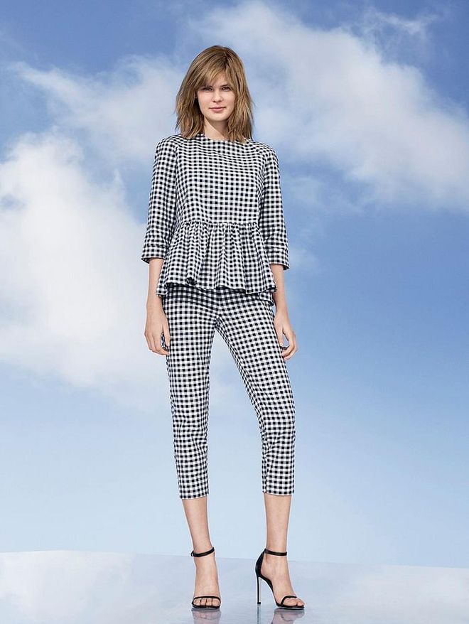 Women's Blue and White Gingham Top, $30, and pants, $30. Photo: Target