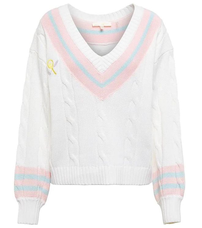 Malaine Cable-Knit V-Neck Sweater, $505, LOVESHACKFANCY at Mytheresa