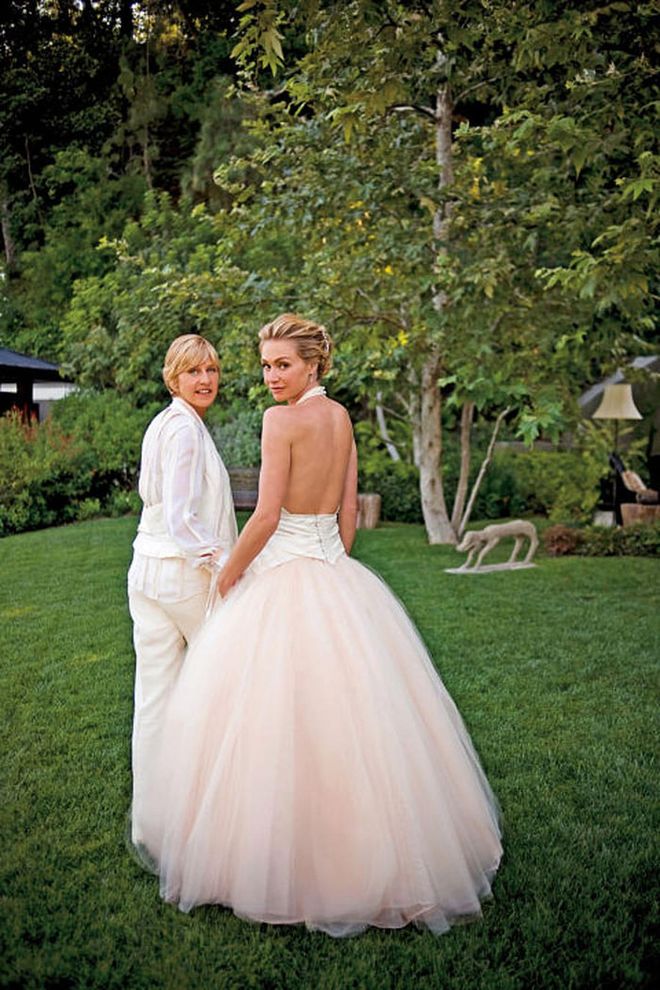 Ellen DeGeneres and Portia de Rossi in custom Zac Posen, 2008