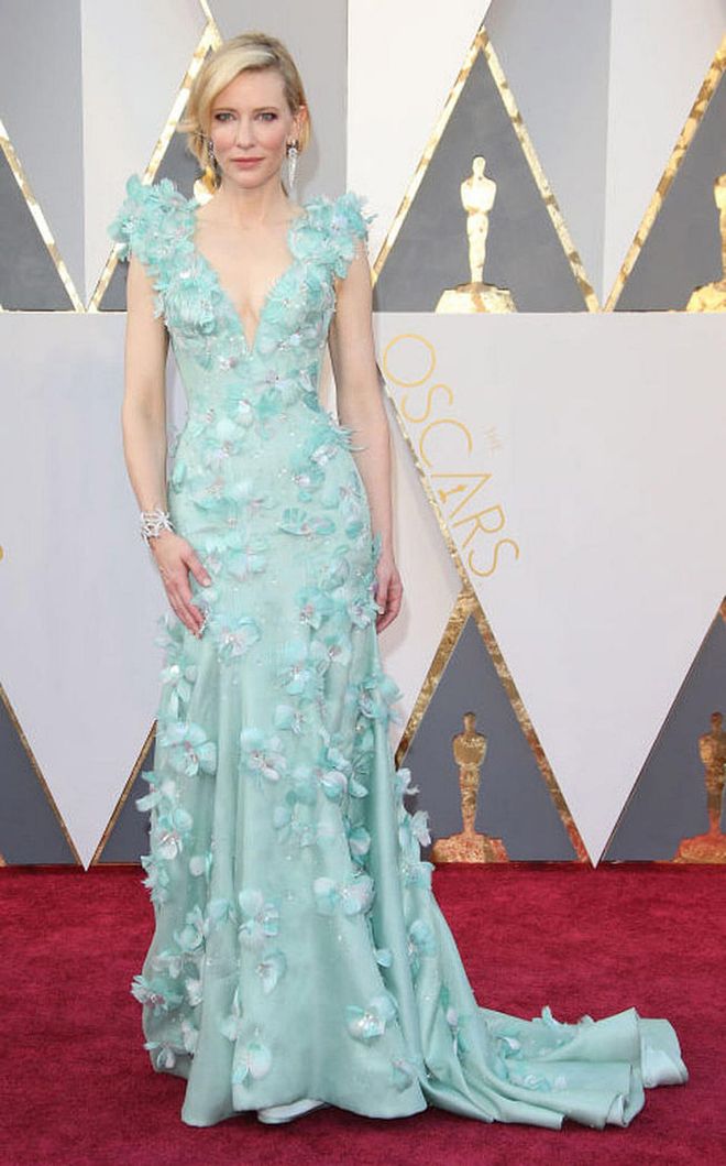 The actress, who was nominated for her role in Carol, looked like a dream in this aqua embellished floral Givenchy gown. Everything from the color to the styling made Blanchett's romantic red carpet look.
