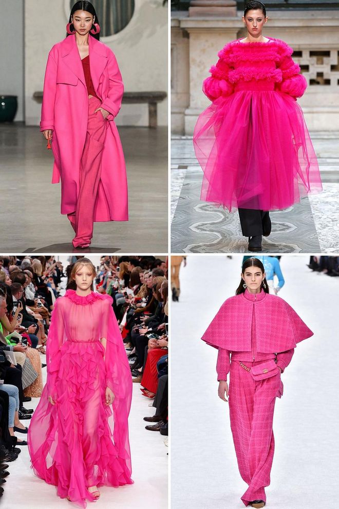 We may be millennial pink-ed out, but there's plenty of room for bright, hot pink in our closets. Liven up your go-to fall color palette of blacks, browns, and grays with a shade of shocking pink that'll wake you up on the chilliest of fall days. Take note from Jacquemus and try the look in coat form or go the Chanel route and try it out in a suit.

Clockwise from top left: Jacquemus, Molly Goddard, Chanel, Valentino. Photo: Getty