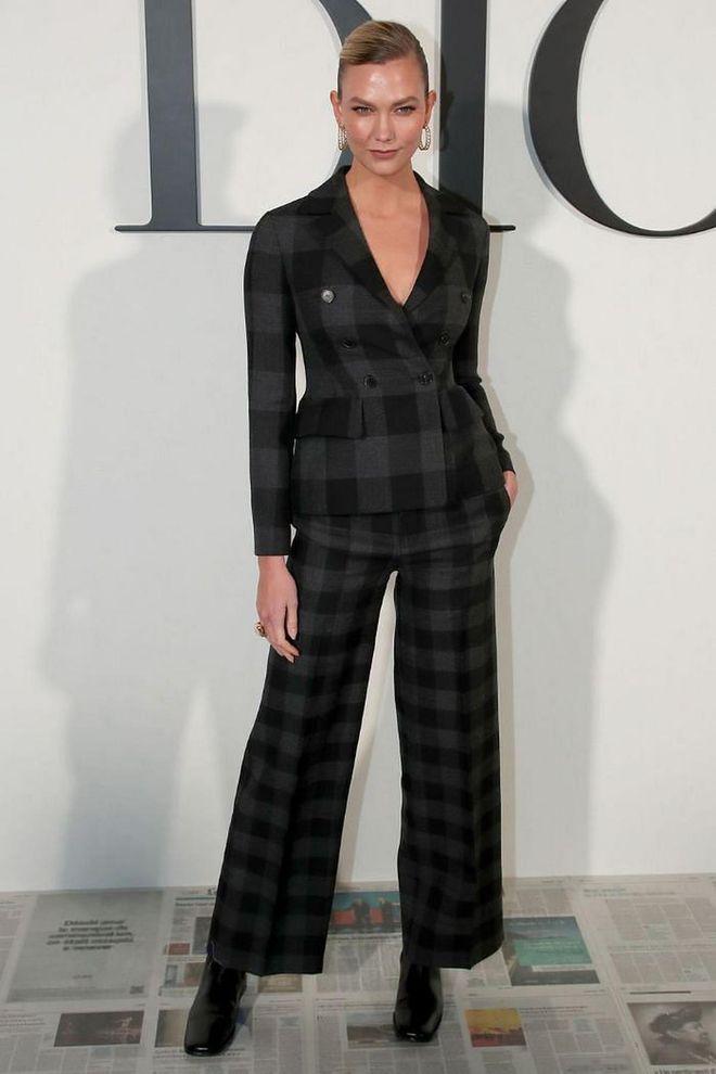 Karlie Kloss added an edge to her trouser suit with square-toe boots.

Photo: Bertrand Rindoff Petroff / Getty