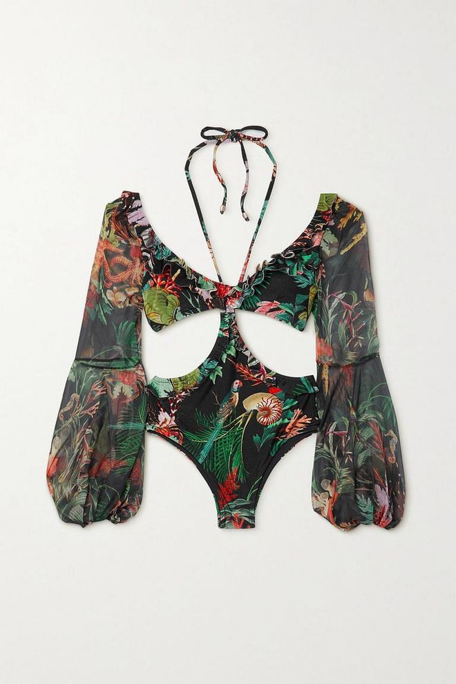 Oasis Cutout Chiffon-Trimmed Printed Halterneck Swimsuit, S$569, PatBO from Net-A-Porter