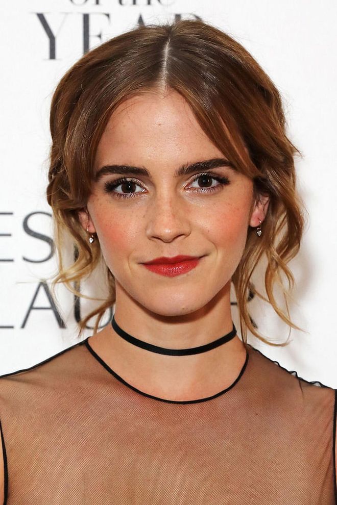 A simple brick red was Watson's lip color of choice at the Harper's Bazaar Women of the Year Awards.
