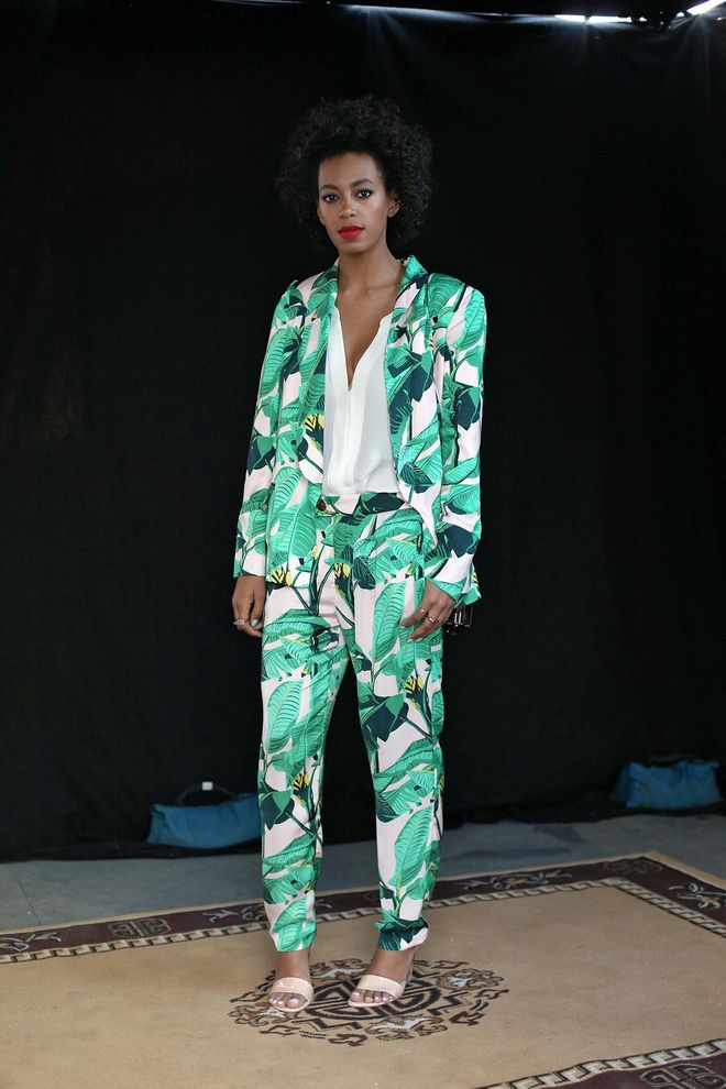 Solange Knowles looks undeniably fresh in a green printed Pencey x Mia Moretti suit!
