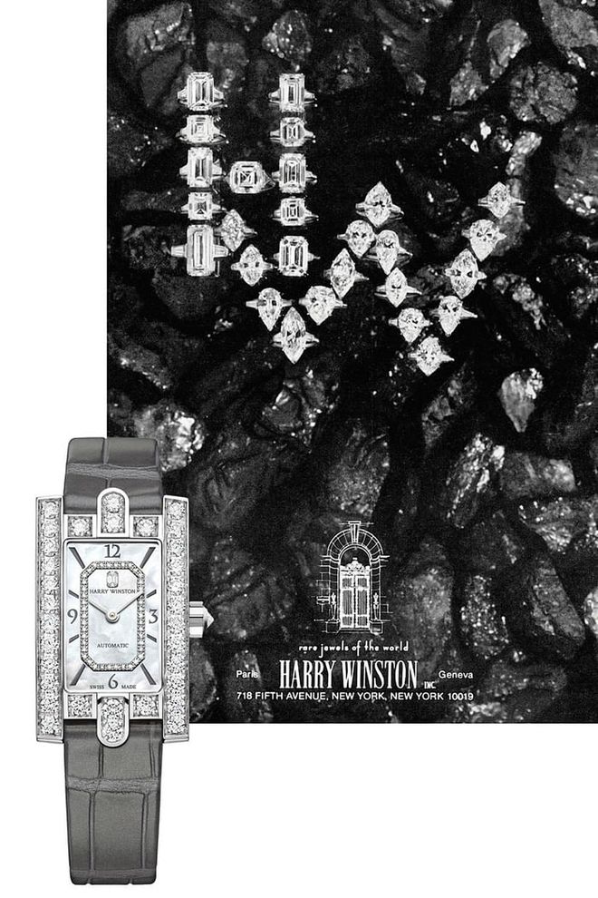 Harry Winston is known for its exquisite jewels, and an eye-catching black and white ad from '70s showcases its striking diamond rings and the brand's Fifth Avenue Salon Art Deco entryway. The storefront serves as style inspiration for the monochromatic Avenue watch, an 18K white gold automatic timepiece set with 77 brilliant-cut diamonds and one emerald-cut diamond set at 12 o'clock.

Avenue Classic Automatic in 18k White Gold, price upon request; harrywinston.com
