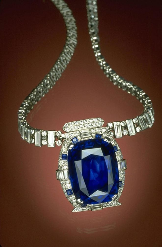 Countess Mona von Bismarck donated this 98.57 Burmese sapphire to the Smithsonian in 1967. It is mounted on an Art Deco necklace designed by Cartier and displayed in the museum with countless priceless gems, including the Hope Diamond.