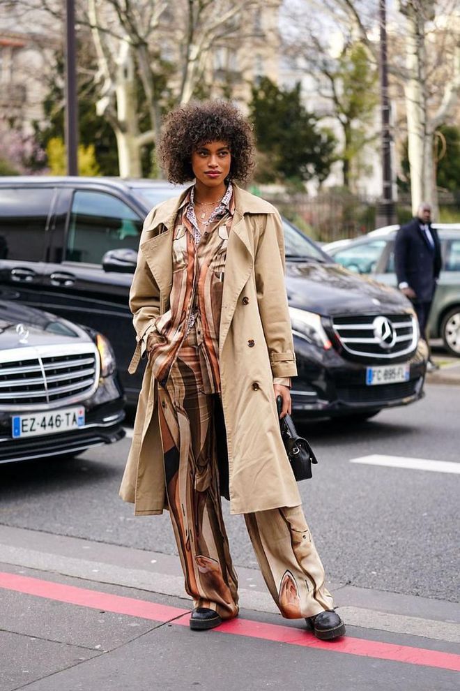 Get the most out of your money by investing in a printed pajama set that can be worn both together and separately. To streamline the look, throw on a chunky oxford shoe and a polished coat.

Photo: Edward Berthelot / Getty