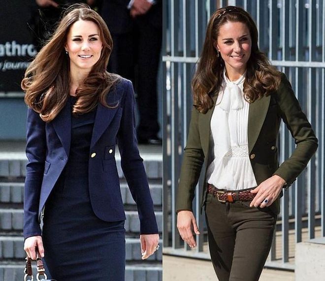 Aside from dresses, Duchess Kate also owns this Smythe blazer (aptly called "The Duchess blazer") in both navy and olive green. Photo: Getty 