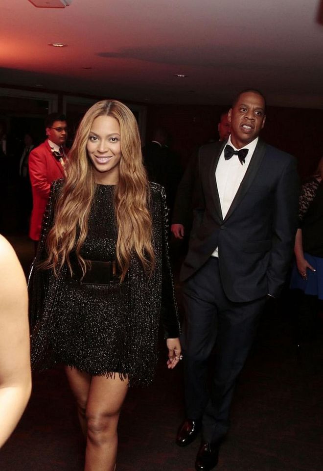 Beyoncé changed into a short black mini dress by Balmain with a fringe skirt towards the end of the show. 