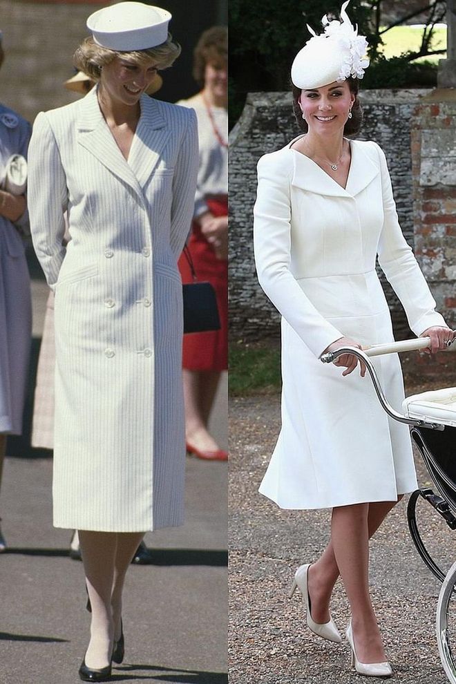 Diana in Catherine Walker on a visit to the Isle of Wight in May 1985; Kate in Alexander McQueen at Princess Charlotte's christening in July 2015.