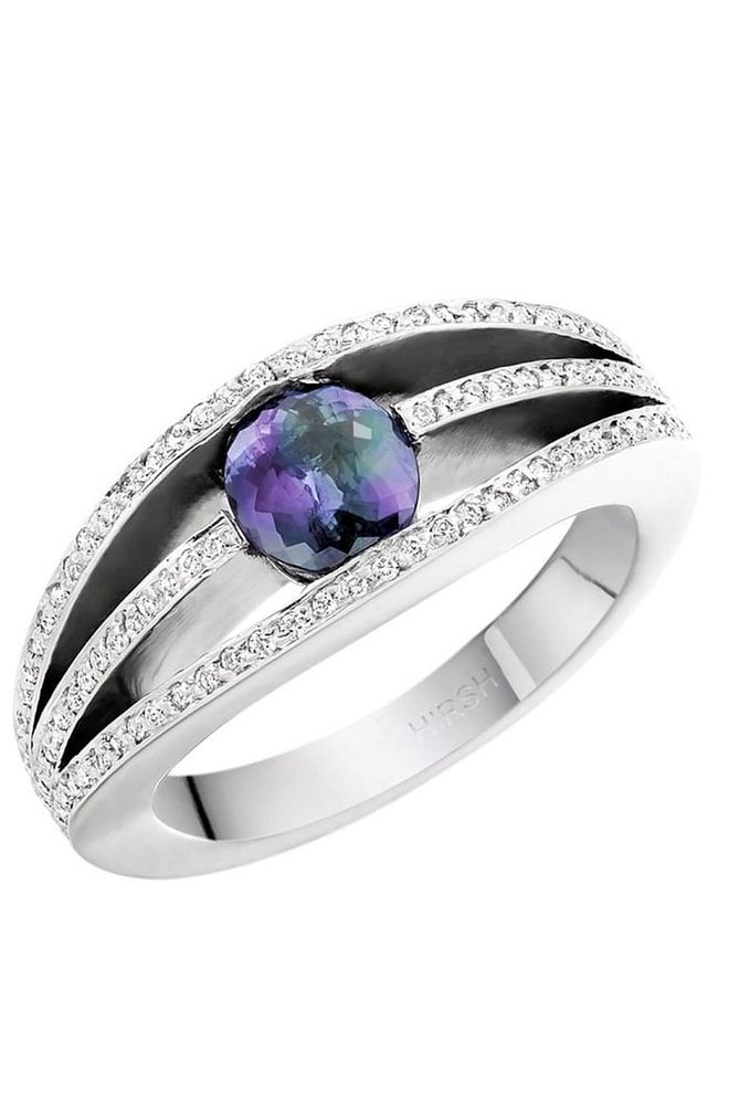 Known for its ever-changing tone from emerald to ruby shades, alexandrite is a rare yet stunning choice for a alternative engagement ring. Hirsh Alexandrite Ring, S$20,966