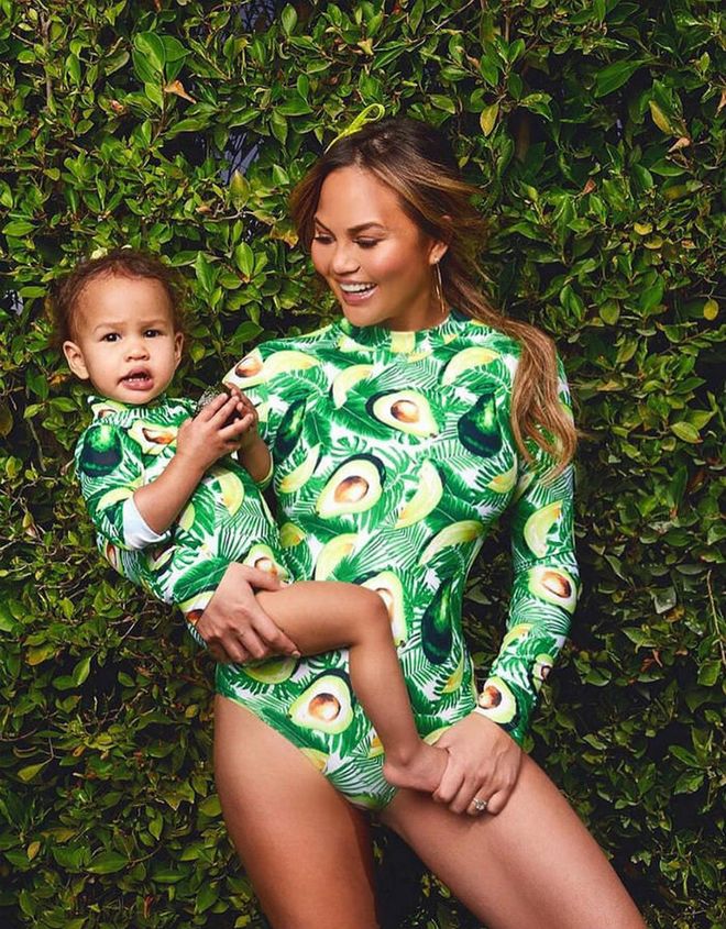 Showcasing their mutual love for food, Chrissy Teigen and her adorable daughter Luna wore matching avocado bodysuits for a sweet photo op. The good news is: you too can wear your love for avocados in this Mott 50 suit that's still available to shop for both adults and kids.

Mott 50 adult swimsuit, $125, and kid's swimsuit, $44, mott50.com. Photo: Instagram